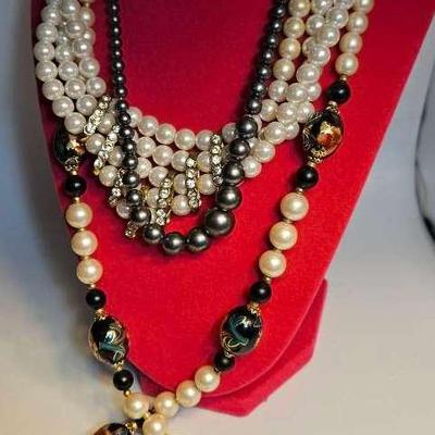 Graduated Silver Necklace, Collar Faux Pearl Cocktail Necklace,  Vintage Japan Cloisonne Faux Pearl 
