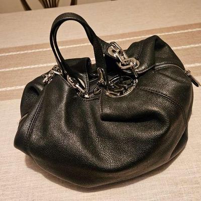 Michael Kors Black Leather 2 Handled Chain Purse With BOLD Letters MK On Each Side