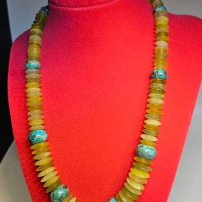 Vintage Turquoise And Butterscotch Bead Necklace With Sterling Clasp