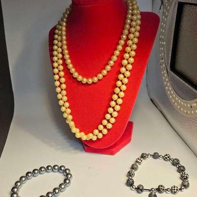 Trifari White Faux Pearl Necklace, Jilzara Clay Beads Bracelet Plus