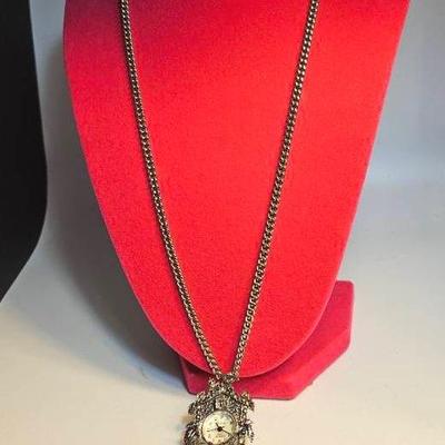 Vintage Lavoni Marcasite Cuckoo Clock Watch Pendant Pin Necklace 