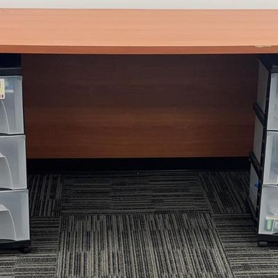 Desk, 3-Drawer Carts, and Office Supplies