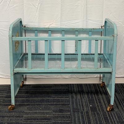 Vintage Amseo Blue Metal Doll-E-Crib With Wooden Wheels And Lamb Decal