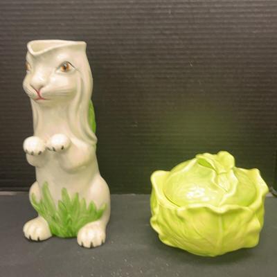 Vintage Ceramic Cabbage Bowl With Lid And Porcelain Rabbit Pitcher