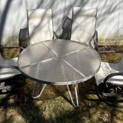 Metal & Mesh Patio Swivel Chairs + Glass Top Table