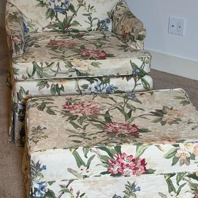 Custom Upholstered Floral Chair With Ottoman