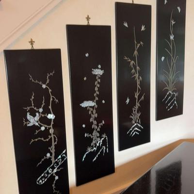 Black Lacquer Panels With Mother Of Pearl Inlay Wall Decor