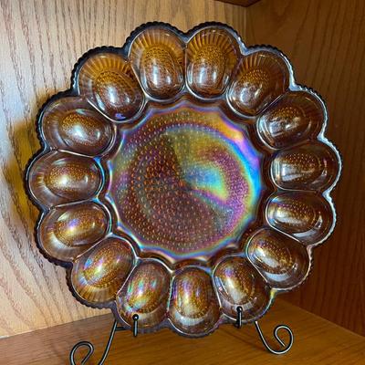 Iridescent Amber Carnival Glass Egg Server