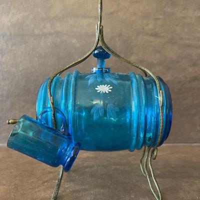 Antique Mini Blue Whiskey Barrel Decanter 
