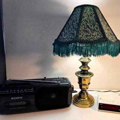Brass Lamp, Clock, and Radio