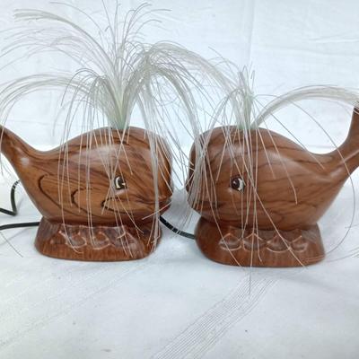 Pair Of Vintage Ceramic Whale Lamps W/ Fiber Optic Lights