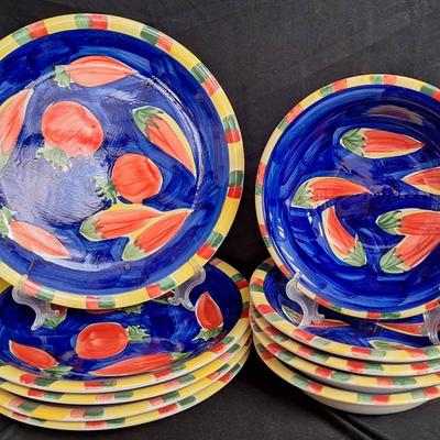 Emerald Replacements Dinner Plates And Ruby Bowls, Red Chili Peppers On Cobalt Blue 