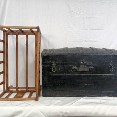Vintage Black Lacquer Wooden Chest W/ Whitney Wooden Toy Crib