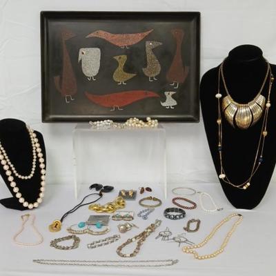 Mid-Century Black Couroc Tray and Vintage Jewelry