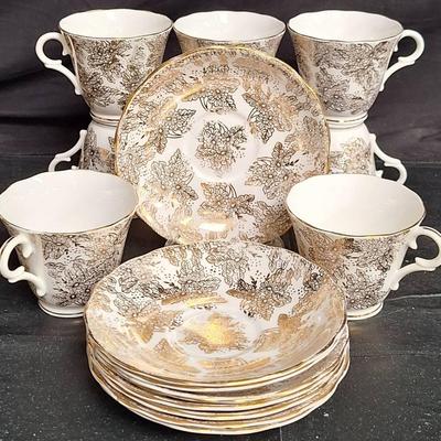 Vintage Cloclough Bone China Gold Chintz Tea Cups w/Saucers