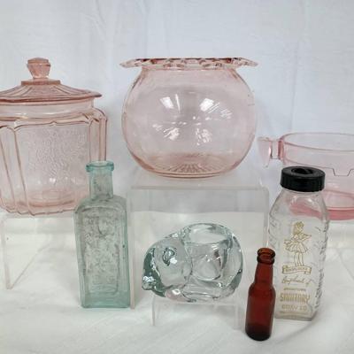 Rose Pink Depression Glass Jar W/ Vintage Glass Bottles & Decor