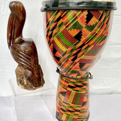 Ironwood Pelican Carving & Remo Mondo Djembe Drum 