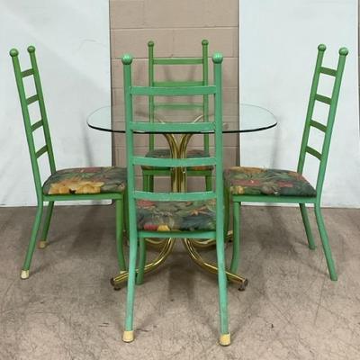 Glass/Brass Table With Ladderback Floral Chairs 
