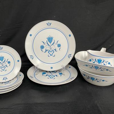 Noritake "Blue Haven" Partial China Set:  Dinner & Salad Plates, Gravy Boat & Serving Pieces
