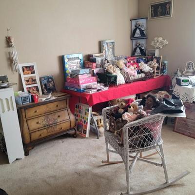 Another Bombay type chest, rattan furnishings & Dolls
