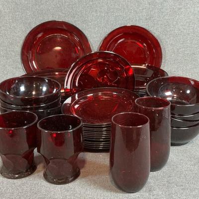 Vintage Ruby Red Dinner Plates, Dessert  Plates, Flat Rimmed Soup Bowls, Serving Bowls And Tumblers