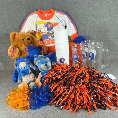 Vintage Denver Broncos Fan Gear Beer Mugs, Pom Poms,Broncos Teddy Bear, Sz 18 Mos Sweat Suit, Etc.