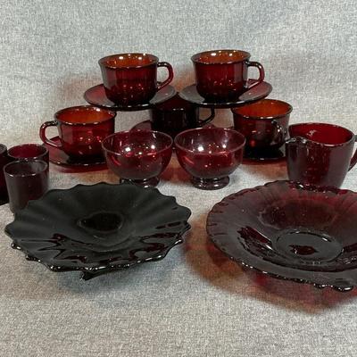 Vintage Ruby Red Glass Creamer, 2 Sherbet Cups, 5 Each Coffee Cups And Saucers Etc.