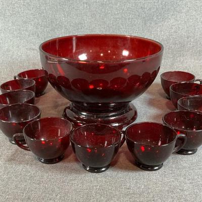 Vintage Ruby Red Punch Bowl With Stand And 11 Punch Cups