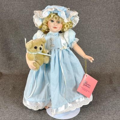 Paradise Galleries  14” Porcelain Doll  Elizabeth With Her Baby Bear With Stand Signed And Numbered