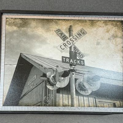 Framed Oil Painting Of A Railroad Crossing