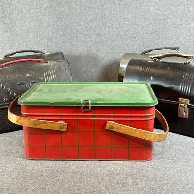 Four Vintage Metal Lunchboxes, One Thermos And A Metal Picnic Basket