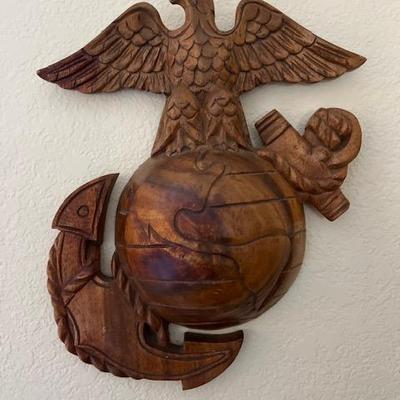 Vintage US Marine Corps Emblem Wood Carving Wall Hanging
