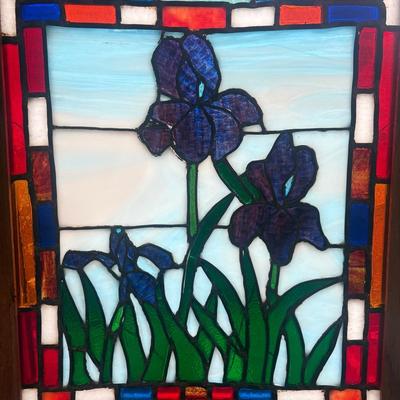 Purple Irises Stained Glass Panel 