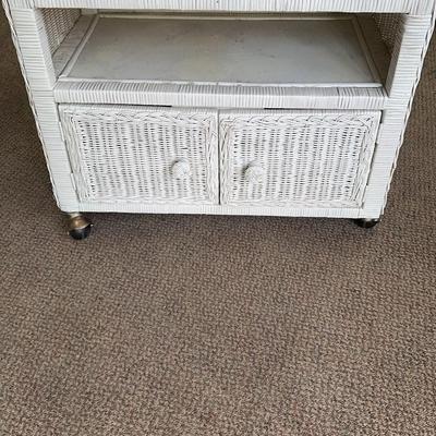 White Wicker Swivel Top Rolling Stand