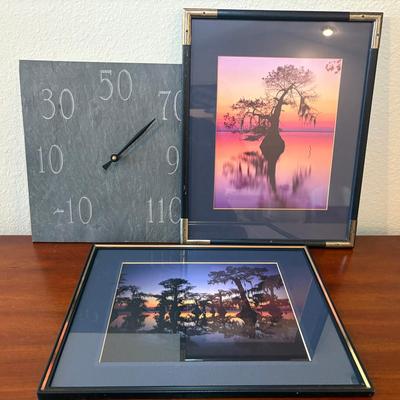 Stone Clock-Style Thermometer & Framed Photography