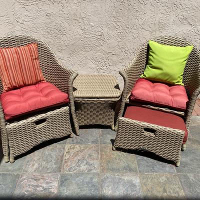 Wicker Patio Chairs (W/ Pull-Out Footrests) & Table (with Storage)