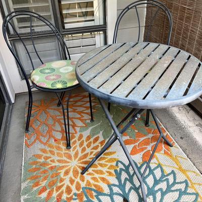 Metal Bistro Table, (2) Padded Chairs & Rug