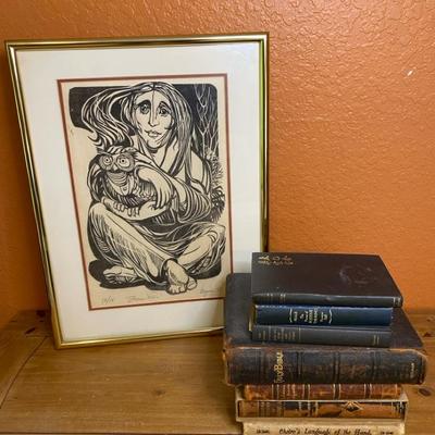 Antique & Vintage Books Including Bible + Wall Art
