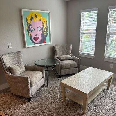 Sale Photo Thumbnail #581: French Iron glass top table with beveled glass, Serena and Lily Blake raffia coffee table, and Tweed Accent Chairs