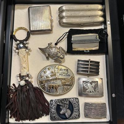 Sale Photo Thumbnail #11: silver cigar case, silver cigarette case and belt buckles