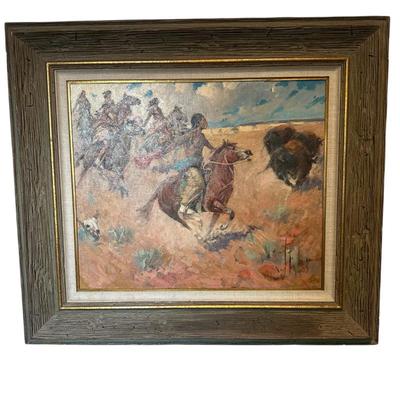 Sale Photo Thumbnail #338: "Buffalo Hunt" by Vladan Stiha in frame 30" x 33"