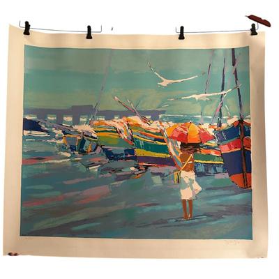 Sale Photo Thumbnail #426: signed limited edition seriograph 42x47" sailboats and woman by James Groody