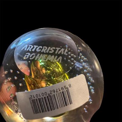 Sale Photo Thumbnail #102: Artcristal Bohemia yellow and green with bubbles paperweight