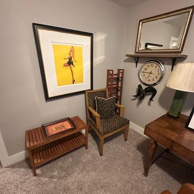 Sale Photo Thumbnail #481: teak shelf, chair, pin up girl art