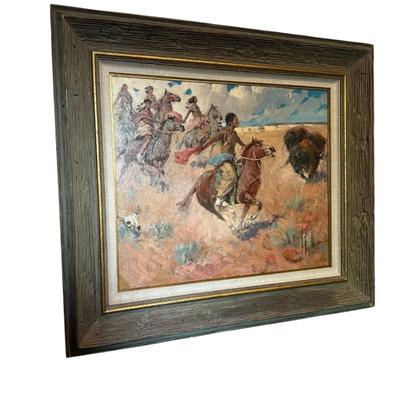 Sale Photo Thumbnail #339: "Buffalo Hunt" by Vladan Stiha in frame 30" x 33"