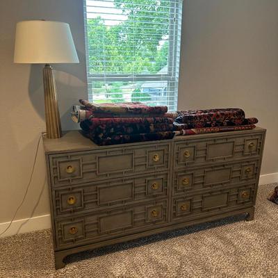 Sale Photo Thumbnail #579: Theodore Alexander 6 drawer dresser and Chapman and Myers fluted spire table lamp