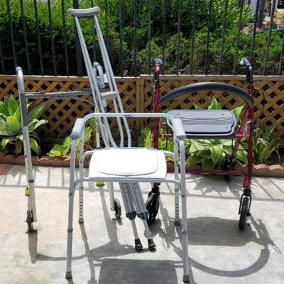 Jh130 2 rolling walkers 1 raised toilet seat, 1 pair crutches