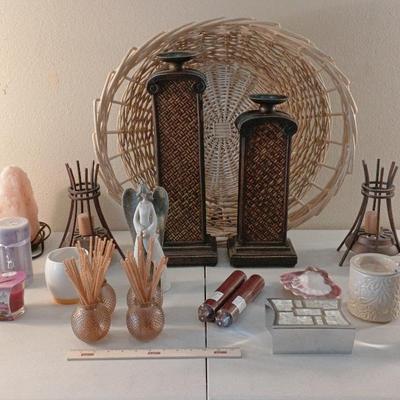 Home Decor Lot - Basket, Candle Holders, Candles, Salt Lamp++