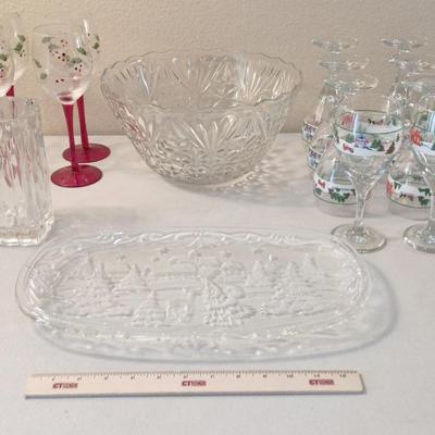 Glassware Lot - Holiday Glasses, Punch Bowl, Tree Platter, Studio Nova Flower Vase