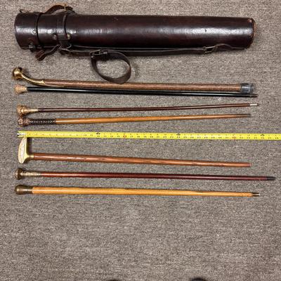 Lot of 7 Vintage Walking Canes + Leather Carry Case 